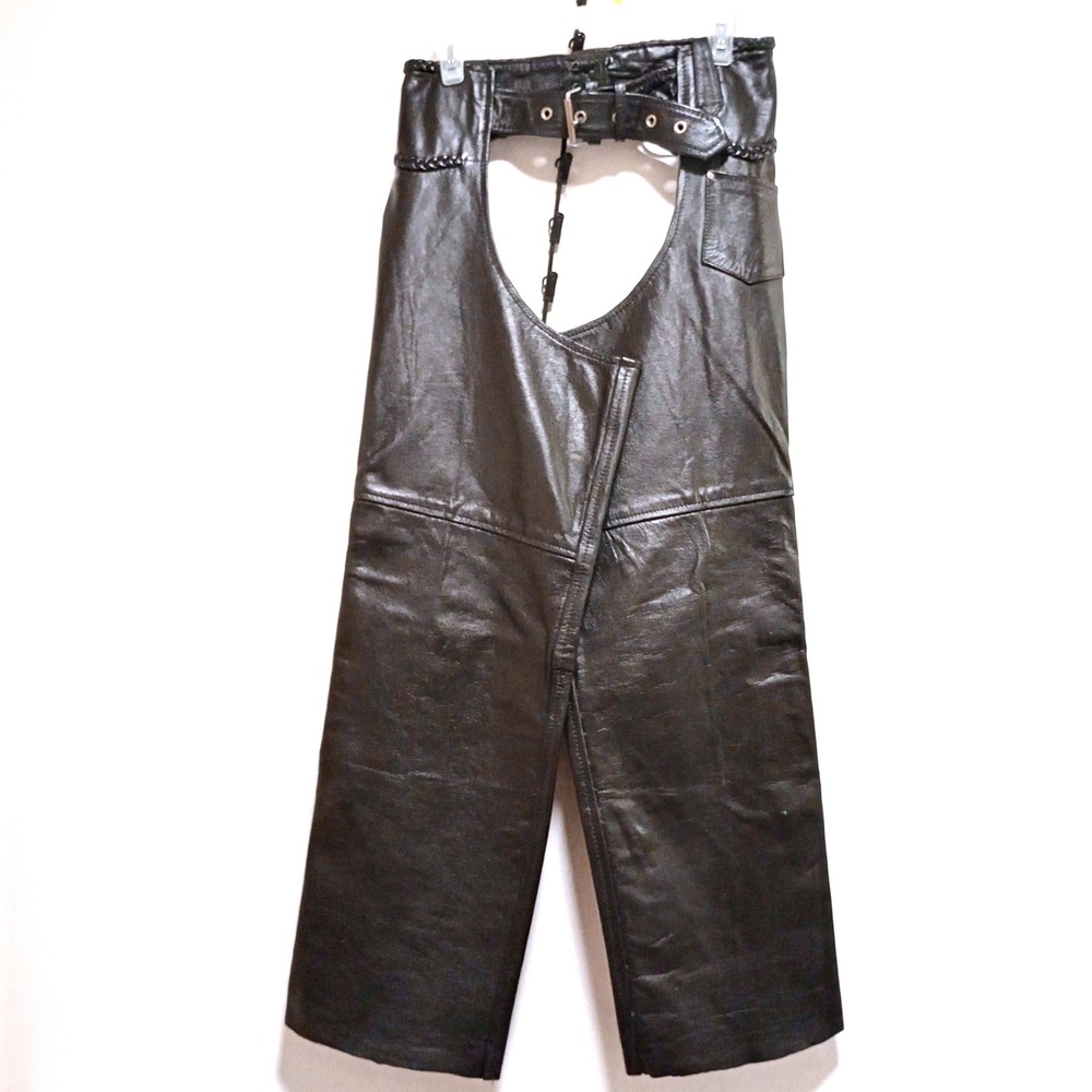 Barneys Leather Motorcycle Chaps Mens Medium Black Fringe Biker Riding Gear Vtg